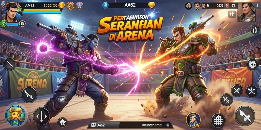 Screenshot gameplay AA62 menampilkan pertarungan mendebarkan antar karakter.