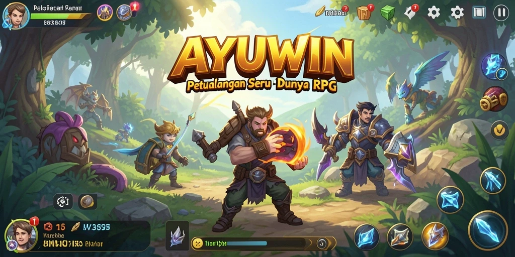 Screenshot AYUWIN menunjukkan karakter yang sedang bertempur dengan latar belakang fantastis.