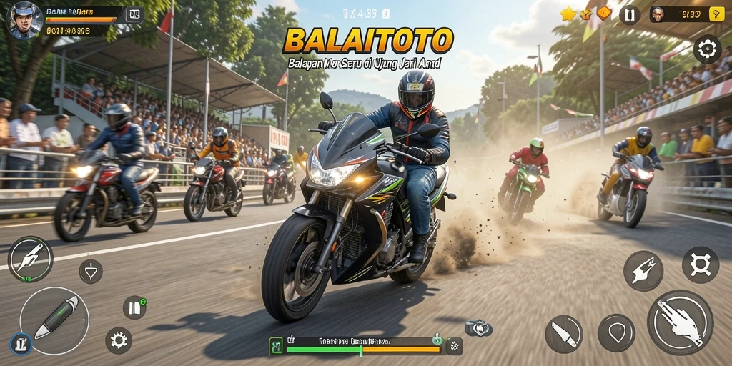 Gameplay BALAITOTO yang menegangkan dengan balap motor di trek menantang.