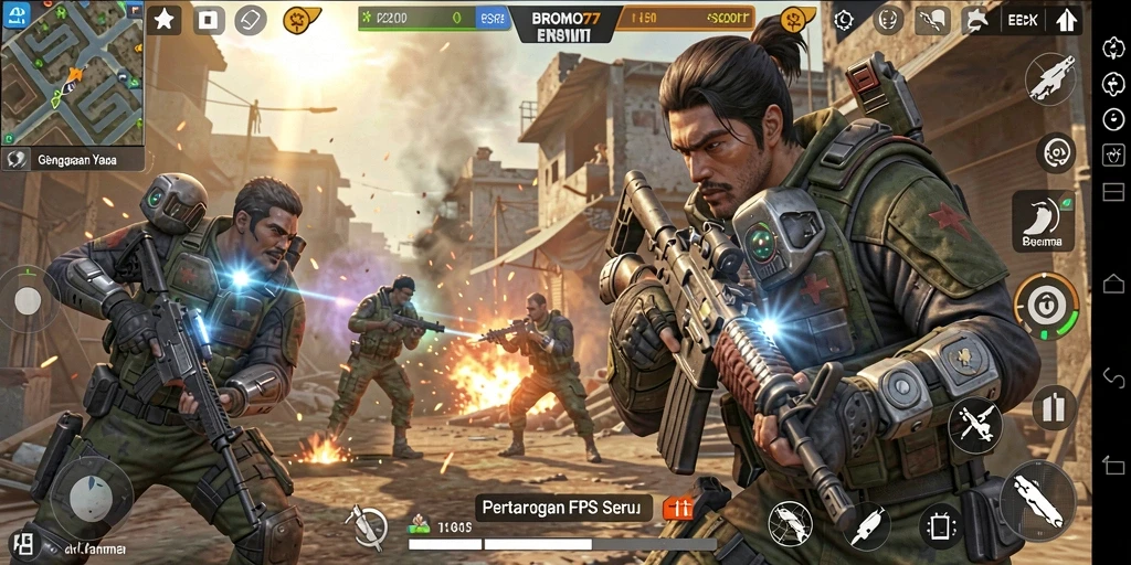 Tampilan aksi seru dalam BROMO77 dengan gameplay FPS yang mendebarkan.