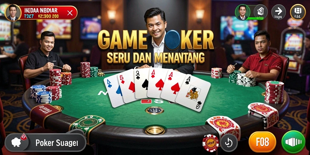 Tampilan gameplay seru F08 dengan suasana poker yang menggugah.