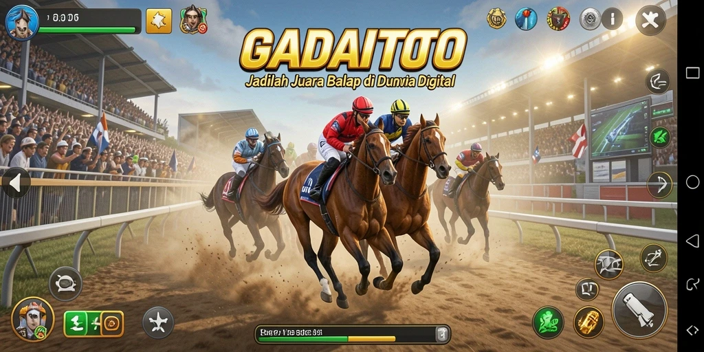 Screenshot dari gameplay GADAITOTO menunjukkan balapan seru di lintasan.