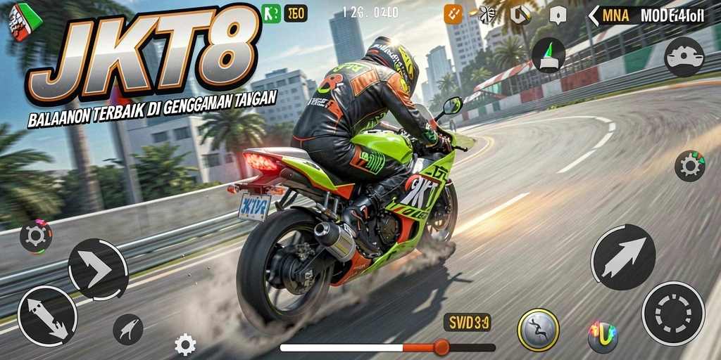 Screenshot JKT8 menampilkan aksi balapan motor yang intens.