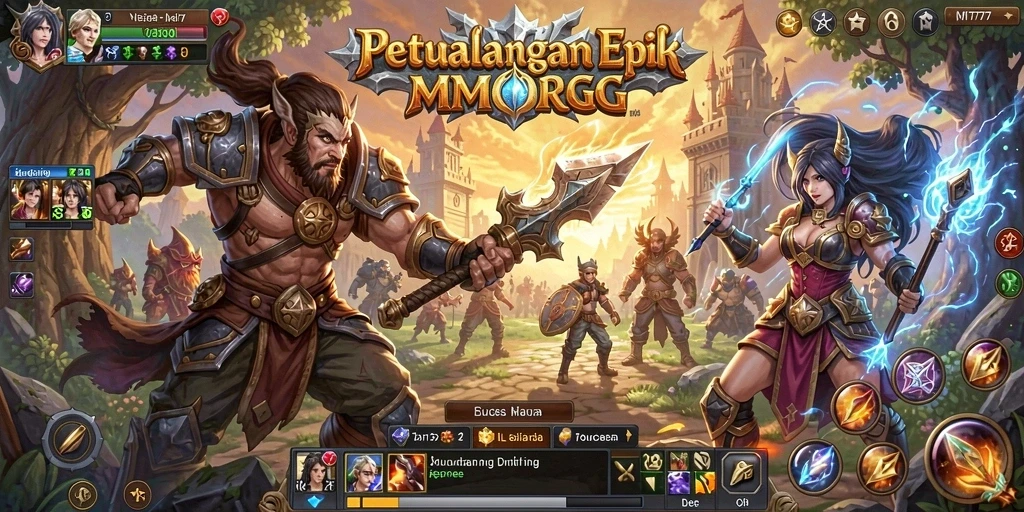 Tangkapan layar gameplay MT777 yang menampilkan pertempuran epik di dunia fantasi.
