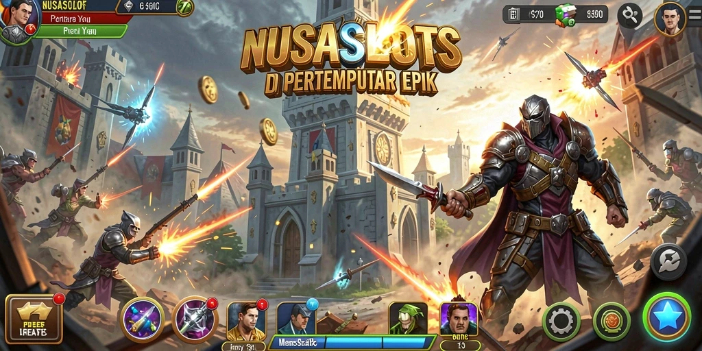 Screenshot permainan NUSASLOTS menampilkan aksi menara bertahan dari gelombang musuh.