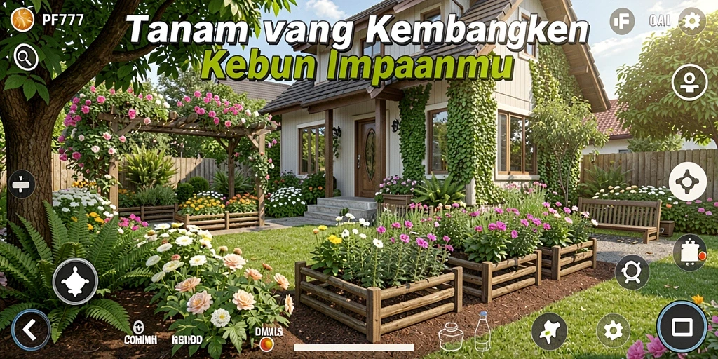 Screenshot gameplay PF777 yang menunjukkan kebun penuh tanaman.