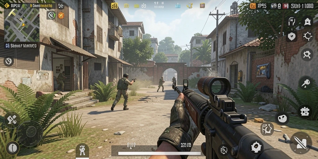 Screenshot gameplay RP55 menampilkan aksi tembak-menembak yang mendebarkan.