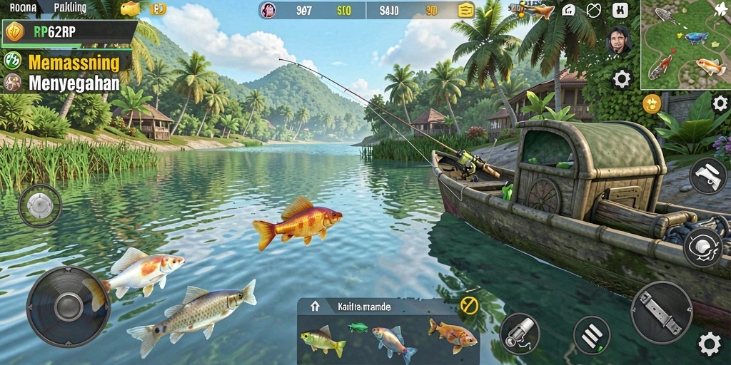 Screenshot gameplay RP62RP yang menampilkan suasana memancing yang mendebarkan.