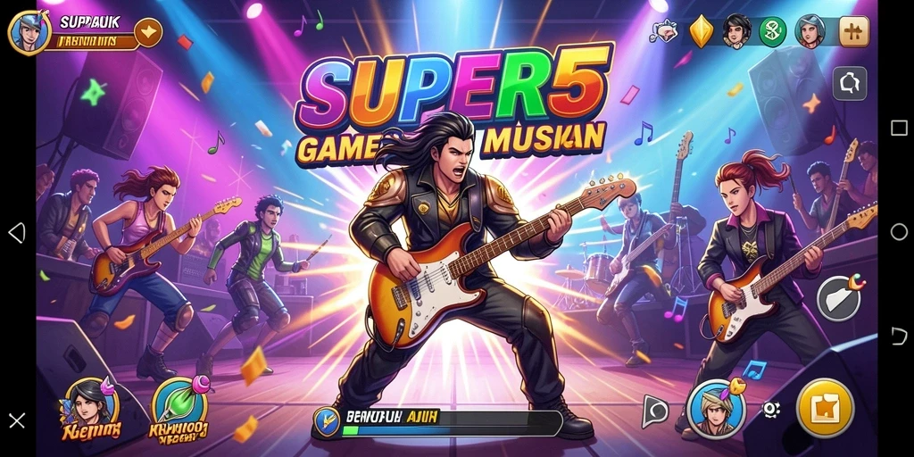 Tangkapan layar SUPER5 menampilkan gameplay musik yang dinamis dan interaktif.