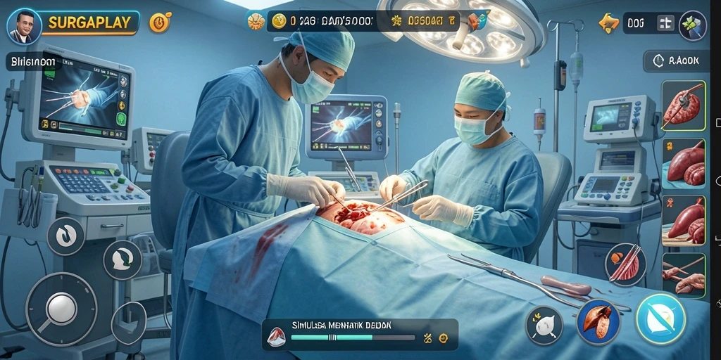 Screenshot SURGAPLAY menunjukkan tindakan bedah yang mendebarkan dan realistis.