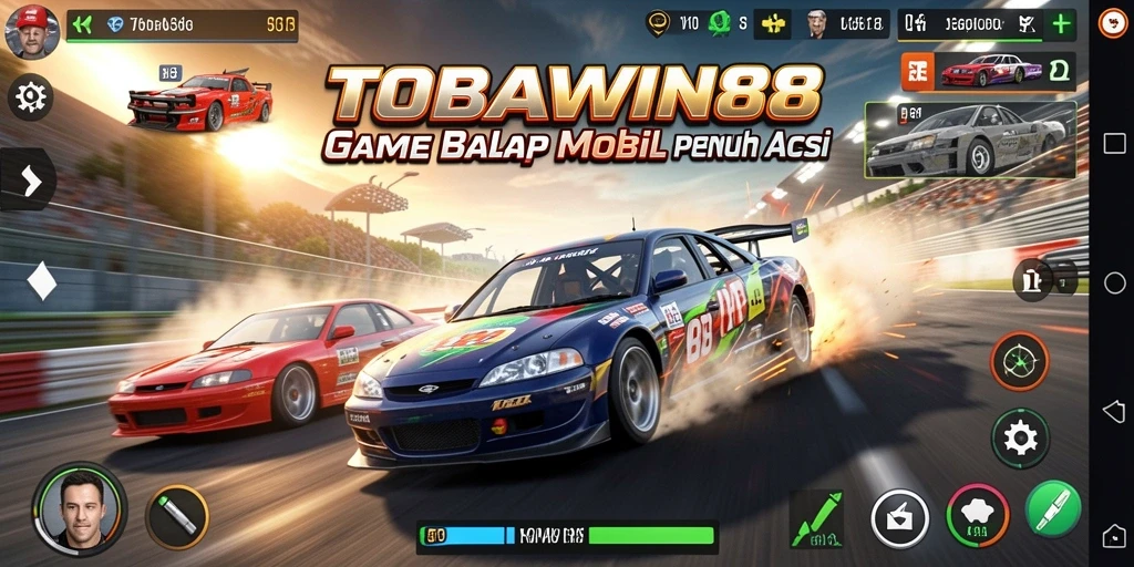 Screenshot gameplay TOBAWIN88 menampilkan aksi balap mobil yang mendebarkan.