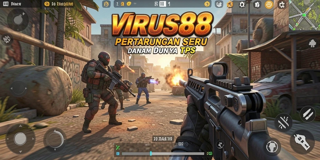 Tampilan gameplay mendebarkan di VIRUS88 dengan aksi TPS yang intens.