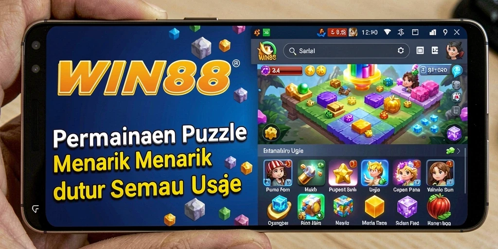 Screenshot utama WIN88 menunjukkan gameplay Puzzle yang mendebarkan dan penuh warna.