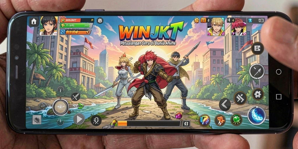 Screenshot gameplay WINJKT menampilkan karakter anime dalam pertarungan epik.