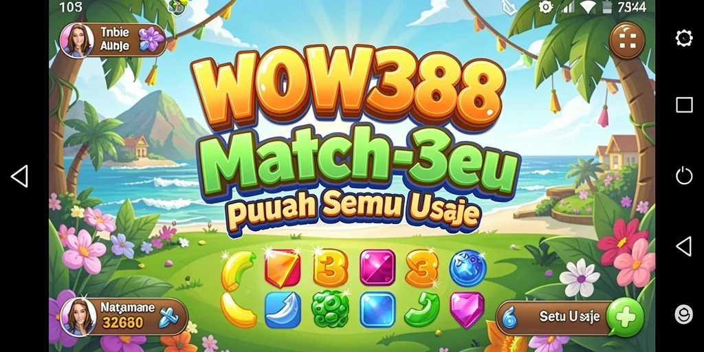 Screenshot utama WOW388 menampilkan gameplay seru Match-3 dari level permainan.